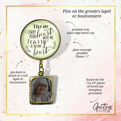 Wedding Memorial Boutonniere Pin Photo Frame Honor Mom Carry Heart Vintage Cream - Gutsy Goodness