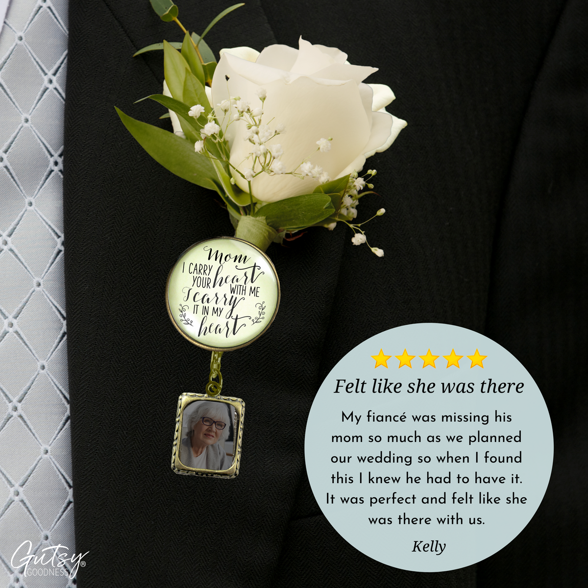 Wedding Memorial Boutonniere Pin Photo Frame Honor Mom Carry Heart Vintage Cream - Gutsy Goodness