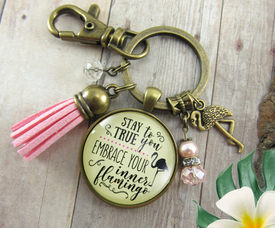 Flamingo Keychain Stay True To You Quote Tropical Fun Jewelry Pink Tassel Charm - Gutsy Goodness Handmade Jewelry