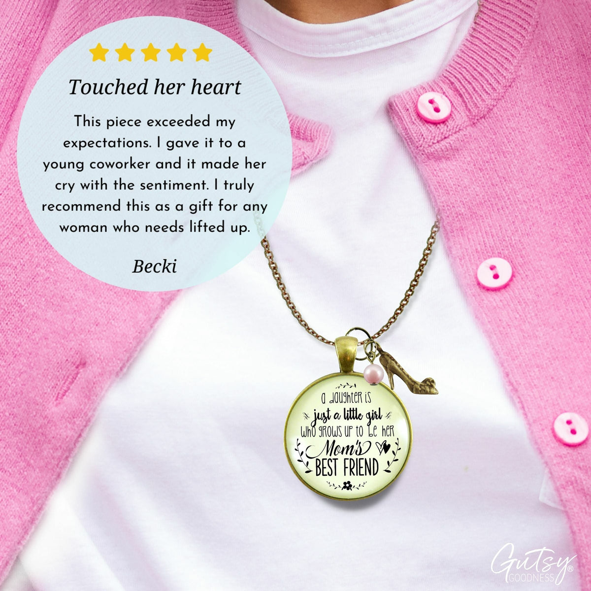Gutsy Goodness Mother Daughter Necklace She Grows Up To Be Mom's Best Friend Jewelry Gift - Gutsy Goodness Handmade Jewelry;A Daughter Is Just A Little Girl - High Heel - Pink Pearl - Gutsy Goodness Handmade Jewelry Gifts