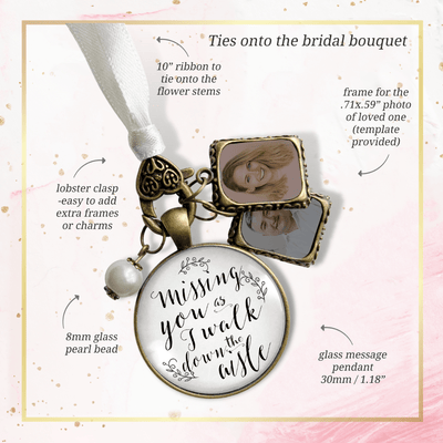 Bouquet Wedding Charm 2 Frames Missing You Memorial White Remembrance Photo Jewelry - Gutsy Goodness Handmade Jewelry Gifts