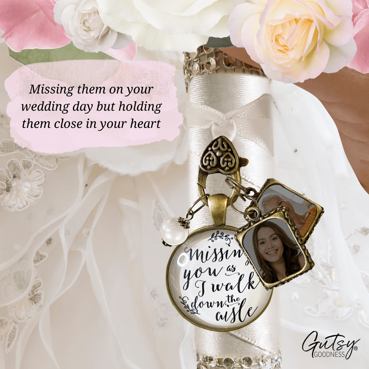 Bouquet Wedding Charm 2 Frames Missing You Memorial White Remembrance Photo Jewelry - Gutsy Goodness Handmade Jewelry Gifts