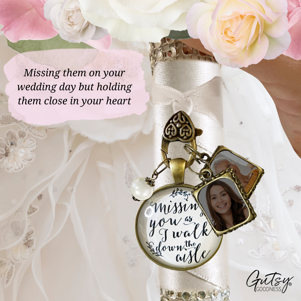 Bouquet Wedding Charm 2 Frames Missing You Memorial White Remembrance Photo Jewelry - Gutsy Goodness
