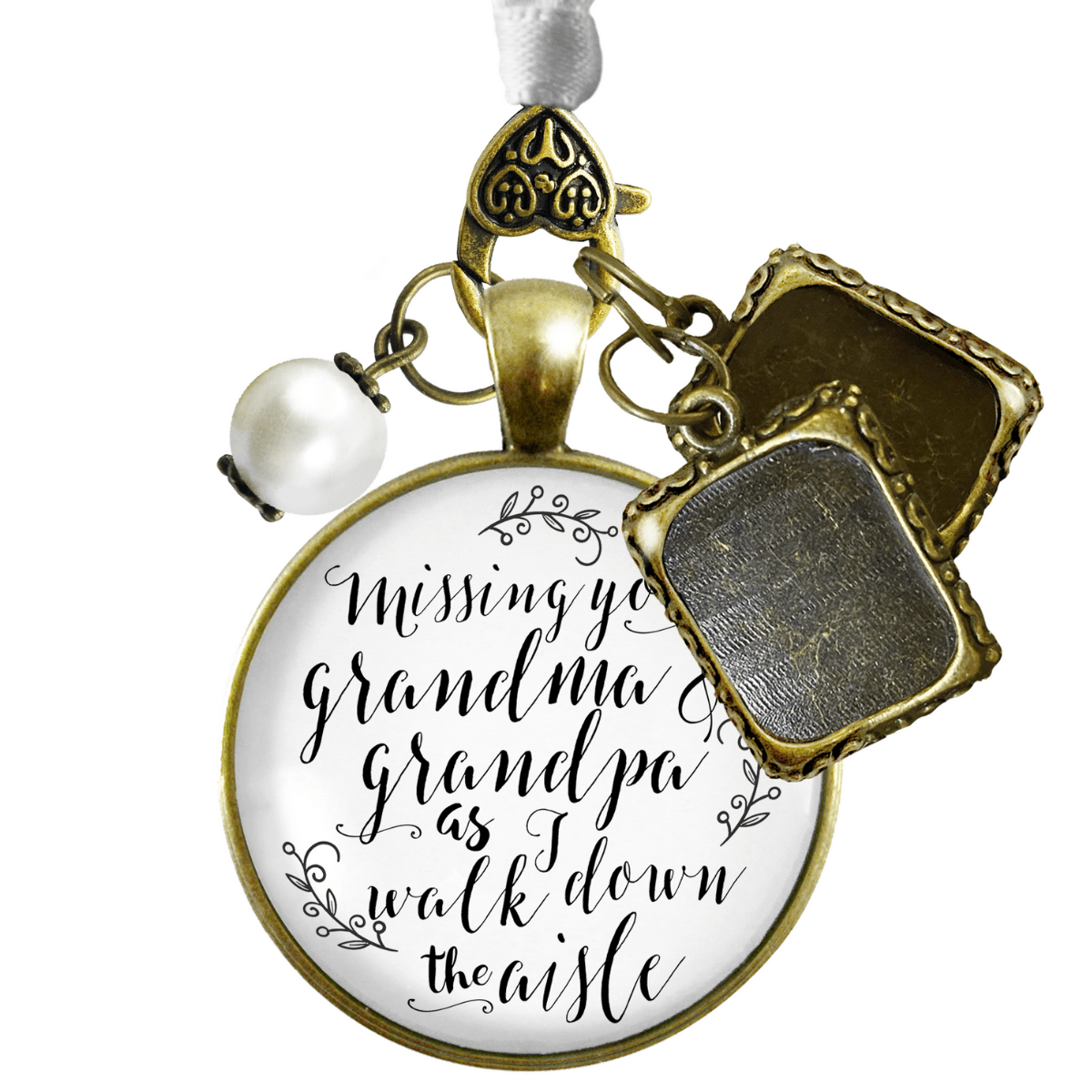 Bouquet Charm Bridal Memorial Missing Grandma Grandpa Wed Day White Bronze 2 Frames - Gutsy Goodness Handmade Jewelry Gifts