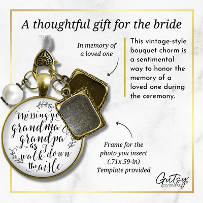 Bouquet Charm Bridal Memorial Missing Grandma Grandpa Wed Day White Bronze 2 Frames - Gutsy Goodness Handmade Jewelry Gifts