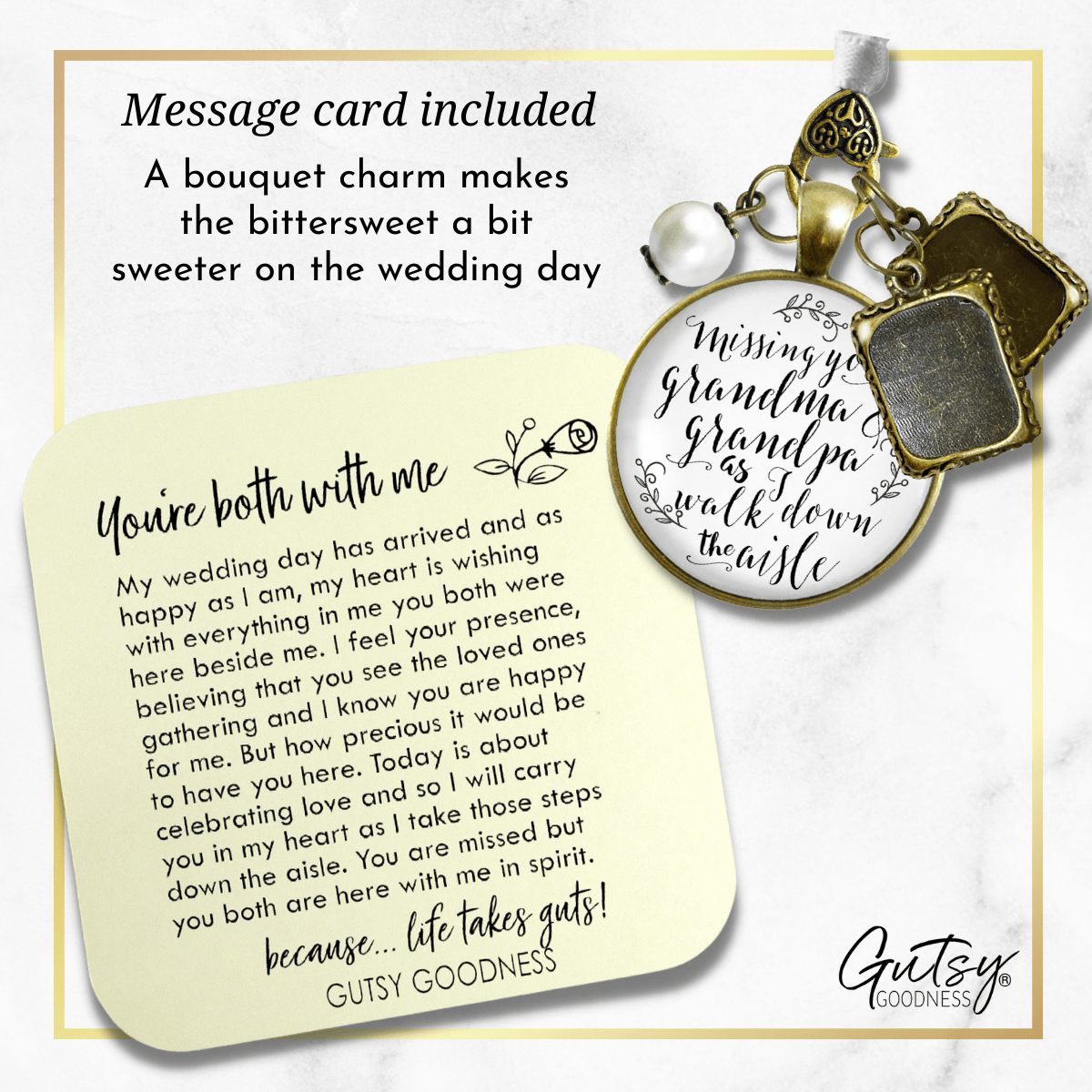 Bouquet Charm Bridal Memorial Missing Grandma Grandpa Wed Day White Bronze 2 Frames - Gutsy Goodness Handmade Jewelry Gifts