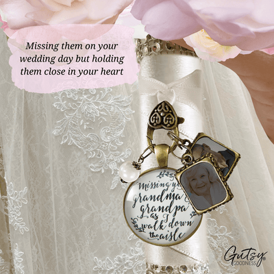 Bouquet Charm Bridal Memorial Missing Grandma Grandpa Wed Day White Bronze 2 Frames - Gutsy Goodness Handmade Jewelry Gifts