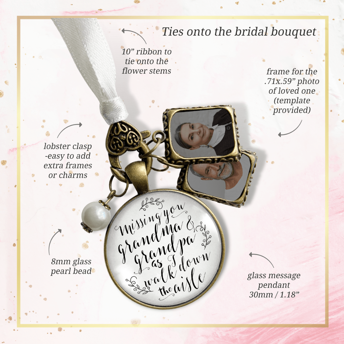 Bouquet Charm Bridal Memorial Missing Grandma Grandpa Wed Day White Bronze 2 Frames - Gutsy Goodness Handmade Jewelry Gifts