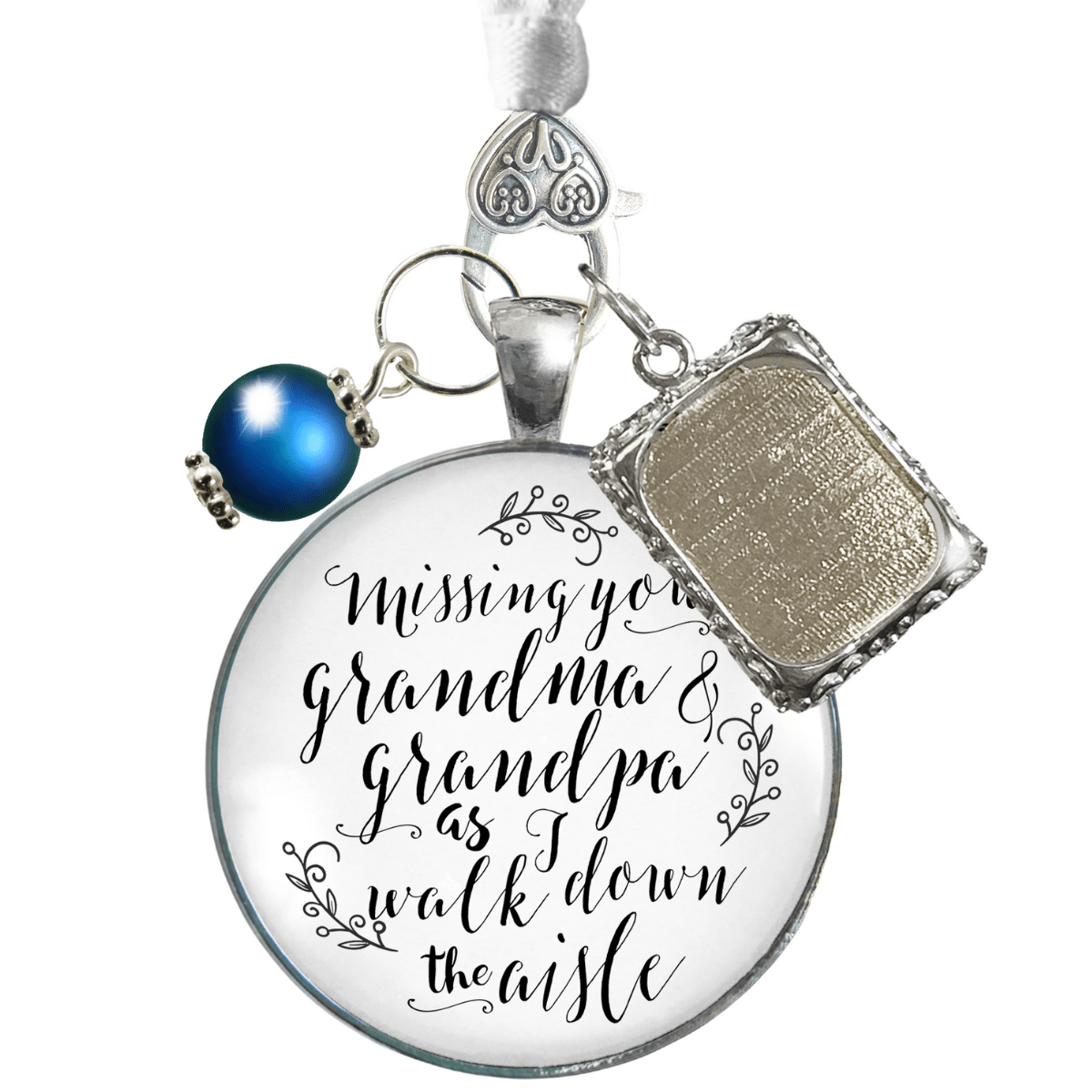 Bouquet Charm Missing Grandma Grandpa Wedding Memorial White Silvertone Blue Frame - Gutsy Goodness Handmade Jewelry Gifts