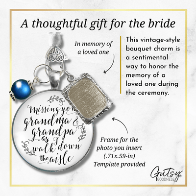 Bouquet Charm Missing Grandma Grandpa Wedding Memorial White Silvertone Blue Frame - Gutsy Goodness Handmade Jewelry Gifts