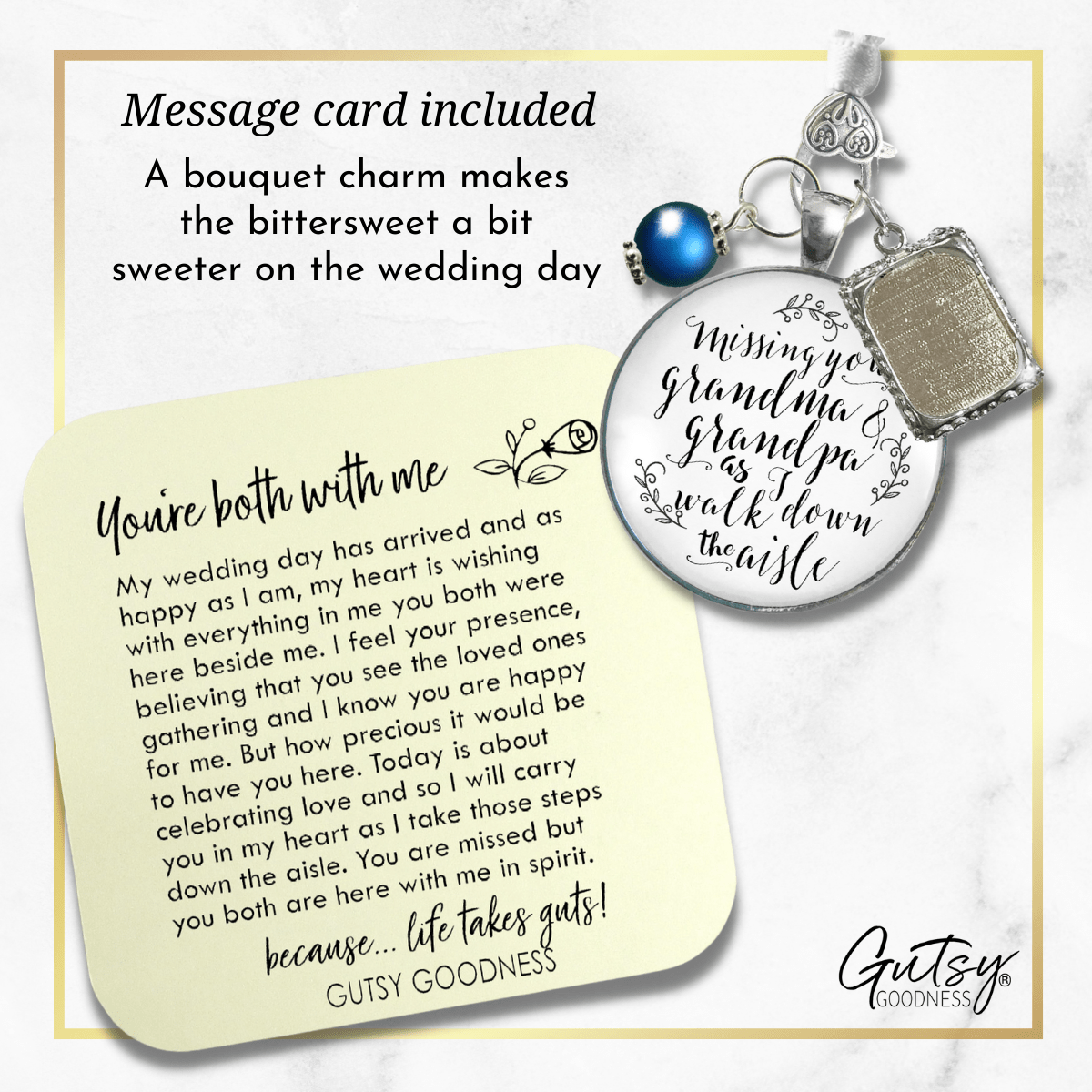 Bouquet Charm Missing Grandma Grandpa Wedding Memorial White Silvertone Blue Frame - Gutsy Goodness Handmade Jewelry Gifts