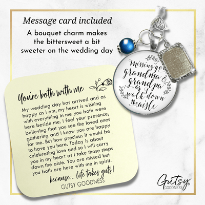 Bouquet Charm Missing Grandma Grandpa Wedding Memorial White Silvertone Blue Frame - Gutsy Goodness Handmade Jewelry Gifts
