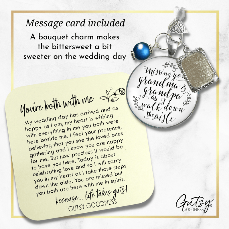Bouquet Charm Missing Grandma Grandpa Wedding Memorial White Silvertone Blue Frame - Gutsy Goodness Handmade Jewelry Gifts