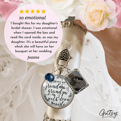 Bouquet Charm Missing Grandma Grandpa Wedding Memorial White Silvertone Blue Frame - Gutsy Goodness Handmade Jewelry Gifts