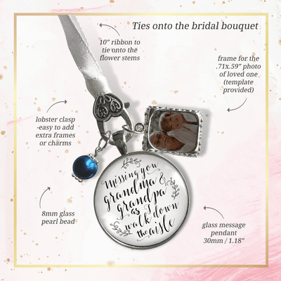 Bouquet Charm Missing Grandma Grandpa Wedding Memorial White Silvertone Blue Frame - Gutsy Goodness Handmade Jewelry Gifts