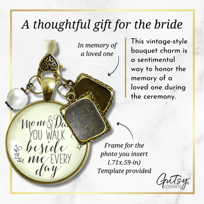 Bouquet Charm Mom Dad Remembrance Parents Memory White Wedding Jewelry 2 Photo Frames - Gutsy Goodness Handmade Jewelry Gifts