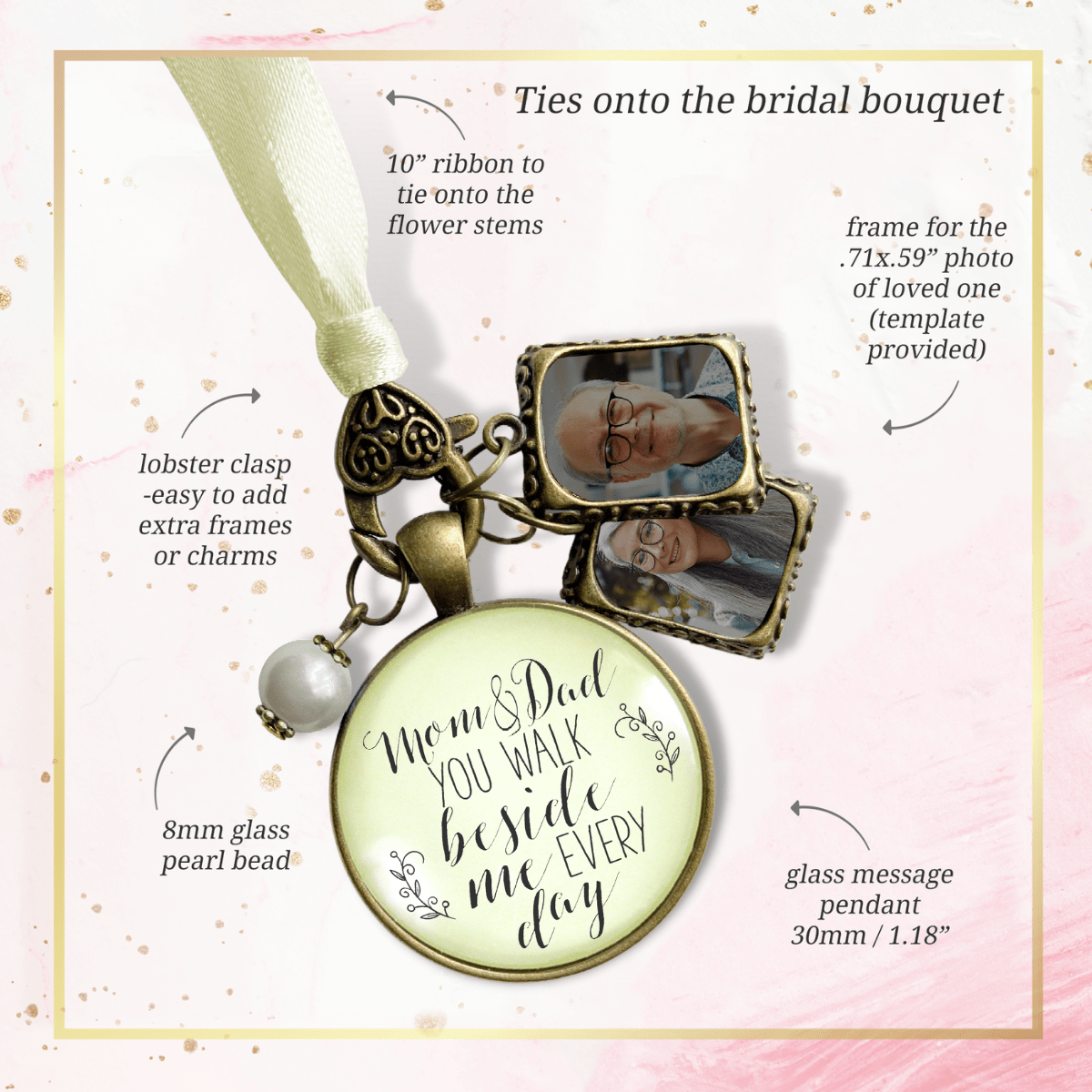 Bouquet Charm Mom Dad Remembrance Parents Memory White Wedding Jewelry 2 Photo Frames - Gutsy Goodness Handmade Jewelry Gifts