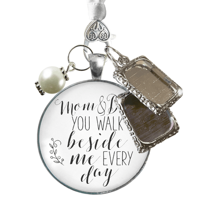 Bouquet Charm Mom And Dad Bride's Parents White Silver Finish 2 Frames Wedding Jewelry - Gutsy Goodness Handmade Jewelry Gifts