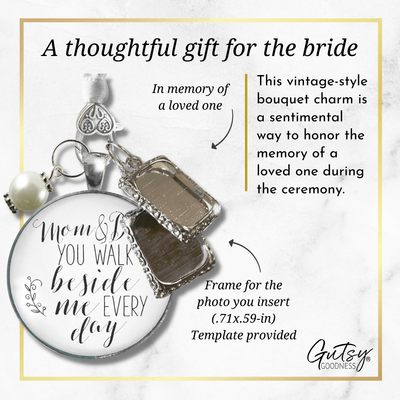 Bouquet Charm Mom And Dad Bride's Parents White Silver Finish 2 Frames Wedding Jewelry - Gutsy Goodness Handmade Jewelry Gifts
