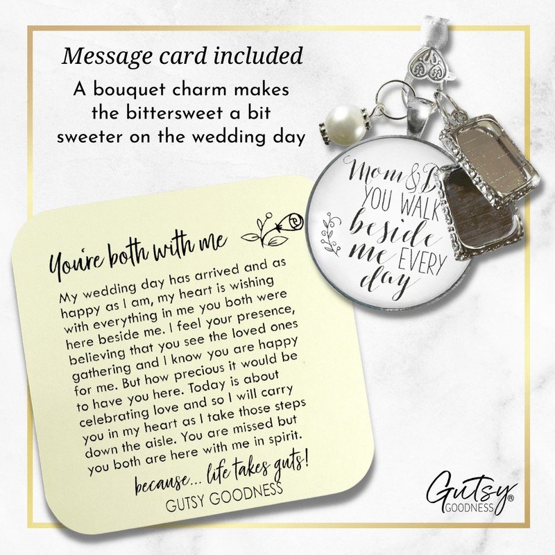 Bouquet Charm Mom And Dad Bride's Parents White Silver Finish 2 Frames Wedding Jewelry - Gutsy Goodness Handmade Jewelry Gifts