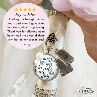 Bouquet Charm Mom And Dad Bride's Parents White Silver Finish 2 Frames Wedding Jewelry - Gutsy Goodness Handmade Jewelry Gifts