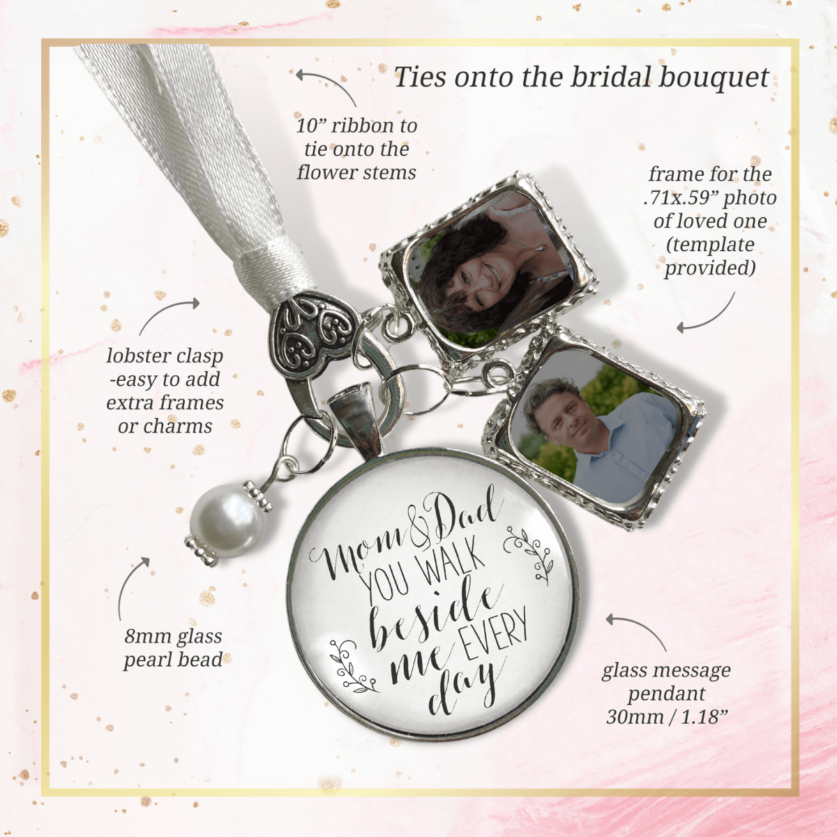 Bouquet Charm Mom And Dad Bride's Parents White Silver Finish 2 Frames Wedding Jewelry - Gutsy Goodness Handmade Jewelry Gifts