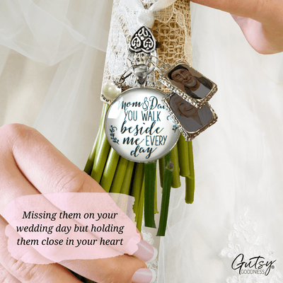 Bouquet Charm Mom And Dad Bride's Parents White Silver Finish 2 Frames Wedding Jewelry - Gutsy Goodness Handmade Jewelry Gifts