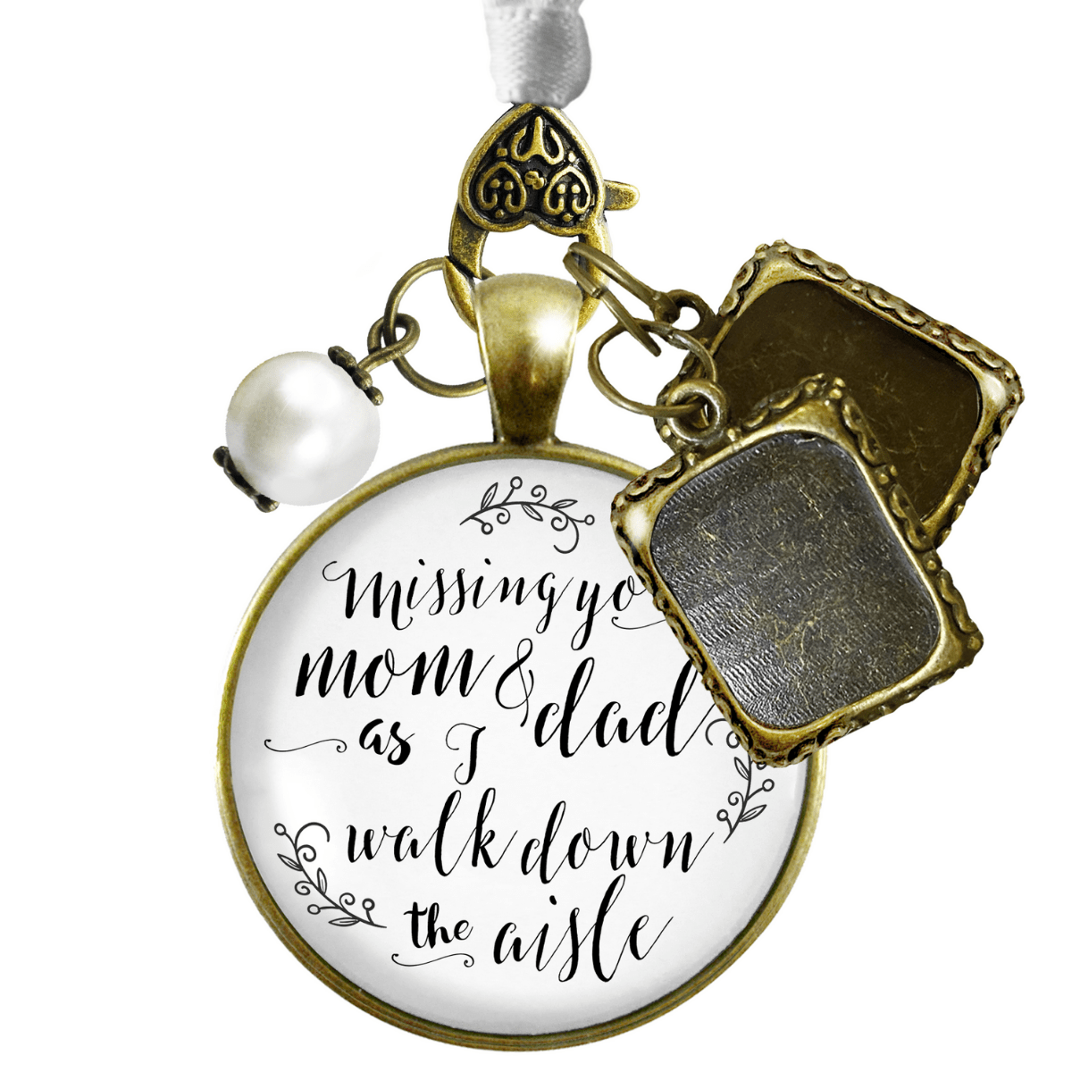 Bouquet Charm Of Mom And Dad White Rustic Memory 2 Photo Frames Wedding Jewelry - Gutsy Goodness Handmade Jewelry Gifts