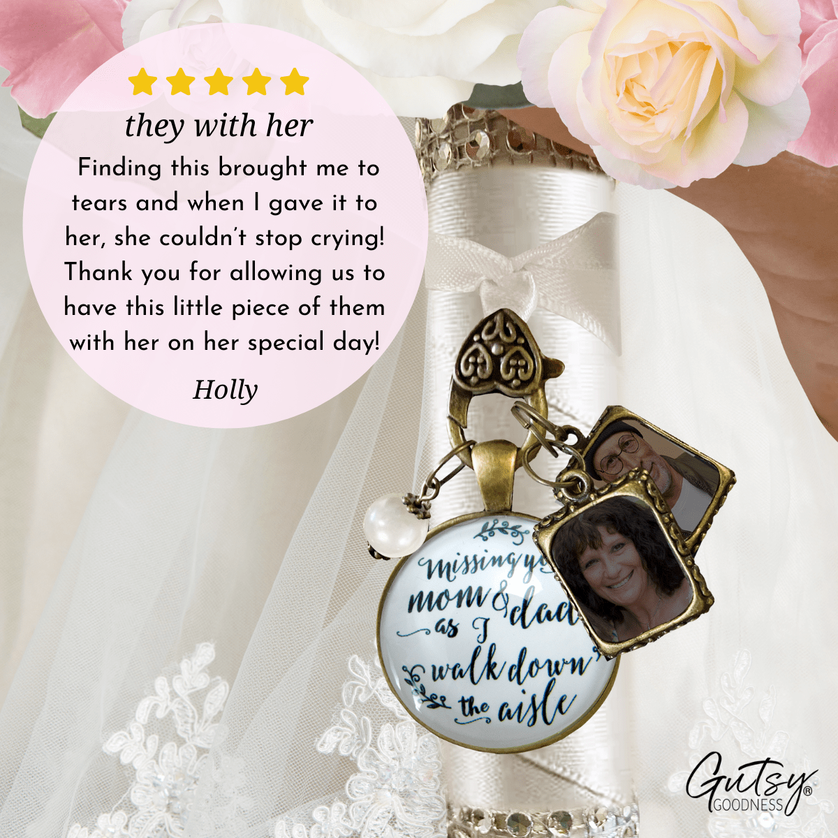 Bouquet Charm Of Mom And Dad White Rustic Memory 2 Photo Frames Wedding Jewelry - Gutsy Goodness Handmade Jewelry Gifts