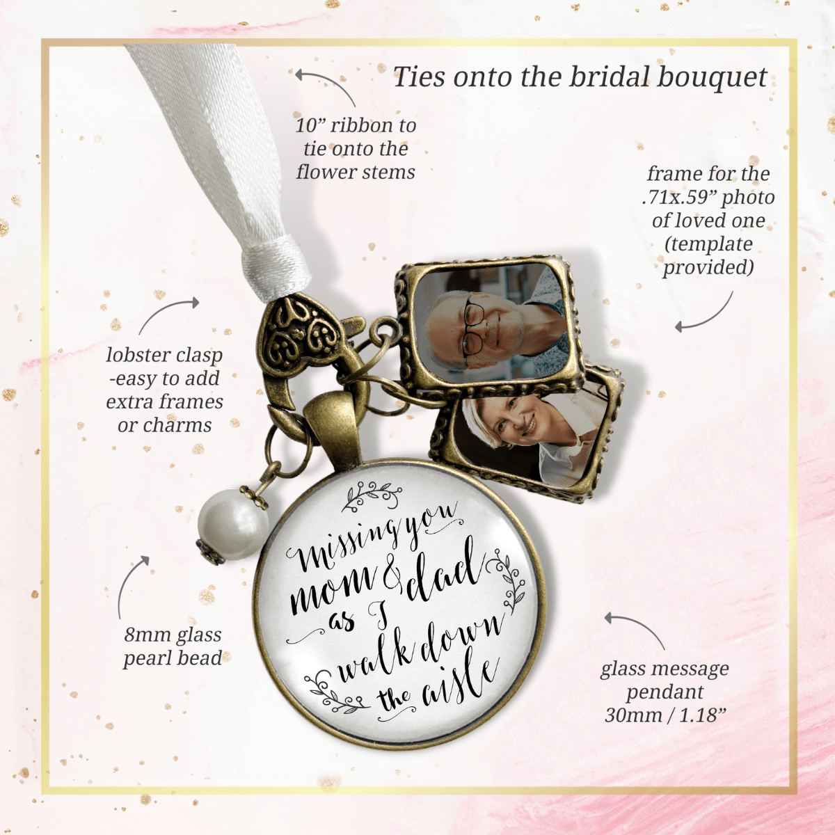 Bouquet Charm Of Mom And Dad White Rustic Memory 2 Photo Frames Wedding Jewelry - Gutsy Goodness Handmade Jewelry Gifts