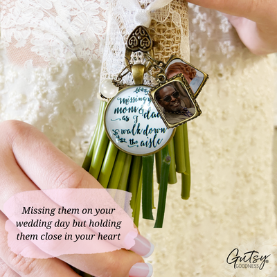 Bouquet Charm Of Mom And Dad White Rustic Memory 2 Photo Frames Wedding Jewelry - Gutsy Goodness Handmade Jewelry Gifts