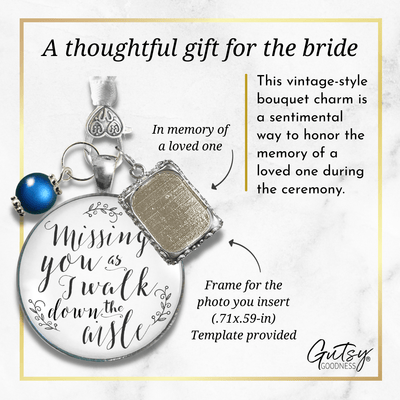 Wedding Bouquet Charm Missing You White Silver Tone Charm Photo Jewelry Blue Bead - Gutsy Goodness Handmade Jewelry Gifts