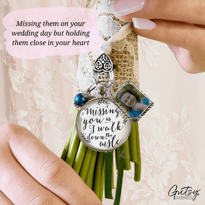 Wedding Bouquet Charm Missing You White Silver Tone Charm Photo Jewelry Blue Bead - Gutsy Goodness Handmade Jewelry Gifts