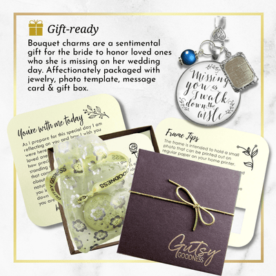 Wedding Bouquet Charm Missing You White Silver Tone Charm Photo Jewelry Blue Bead - Gutsy Goodness Handmade Jewelry Gifts