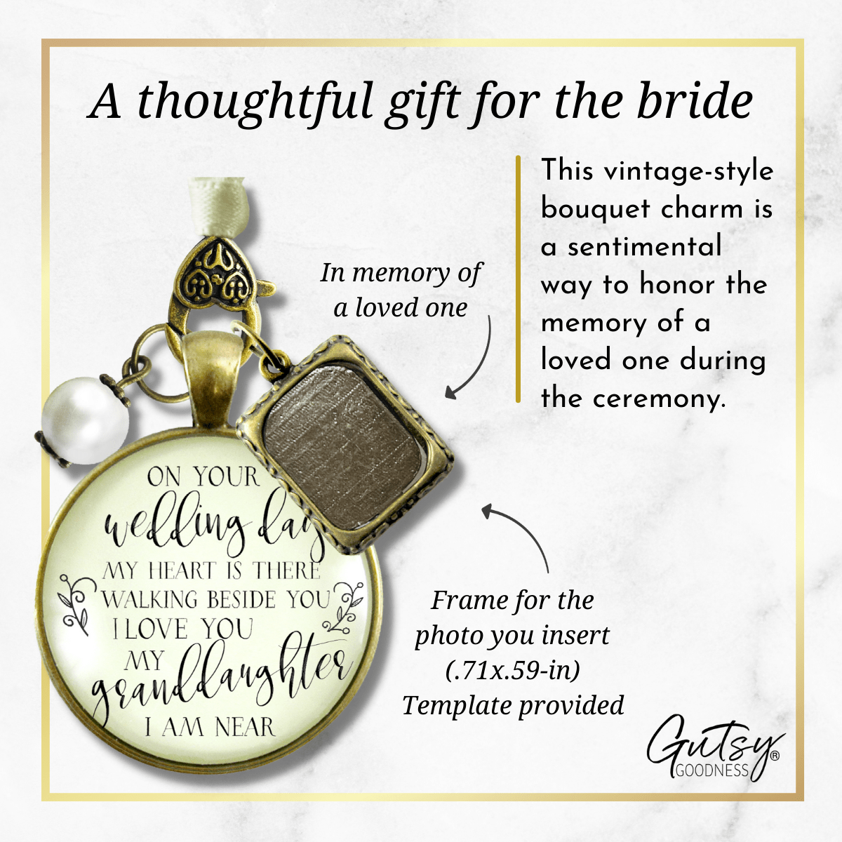 On Your Wedding Day MY Heart Is There Walking Beside You GRANDDAUGHTER - BRONZE - CREAM - WHITE BEAD