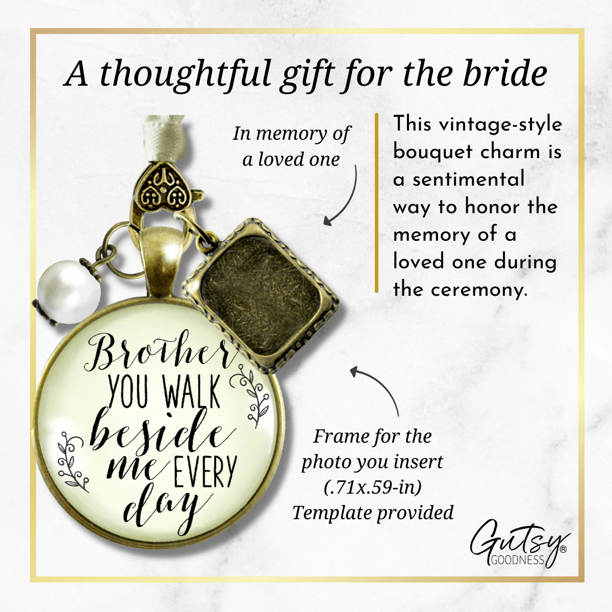 Bridal Bouquet Photo Charm Brother Beside Me Wedding Memorial Picture Remember Jewels - Gutsy Goodness Handmade Jewelry Gifts