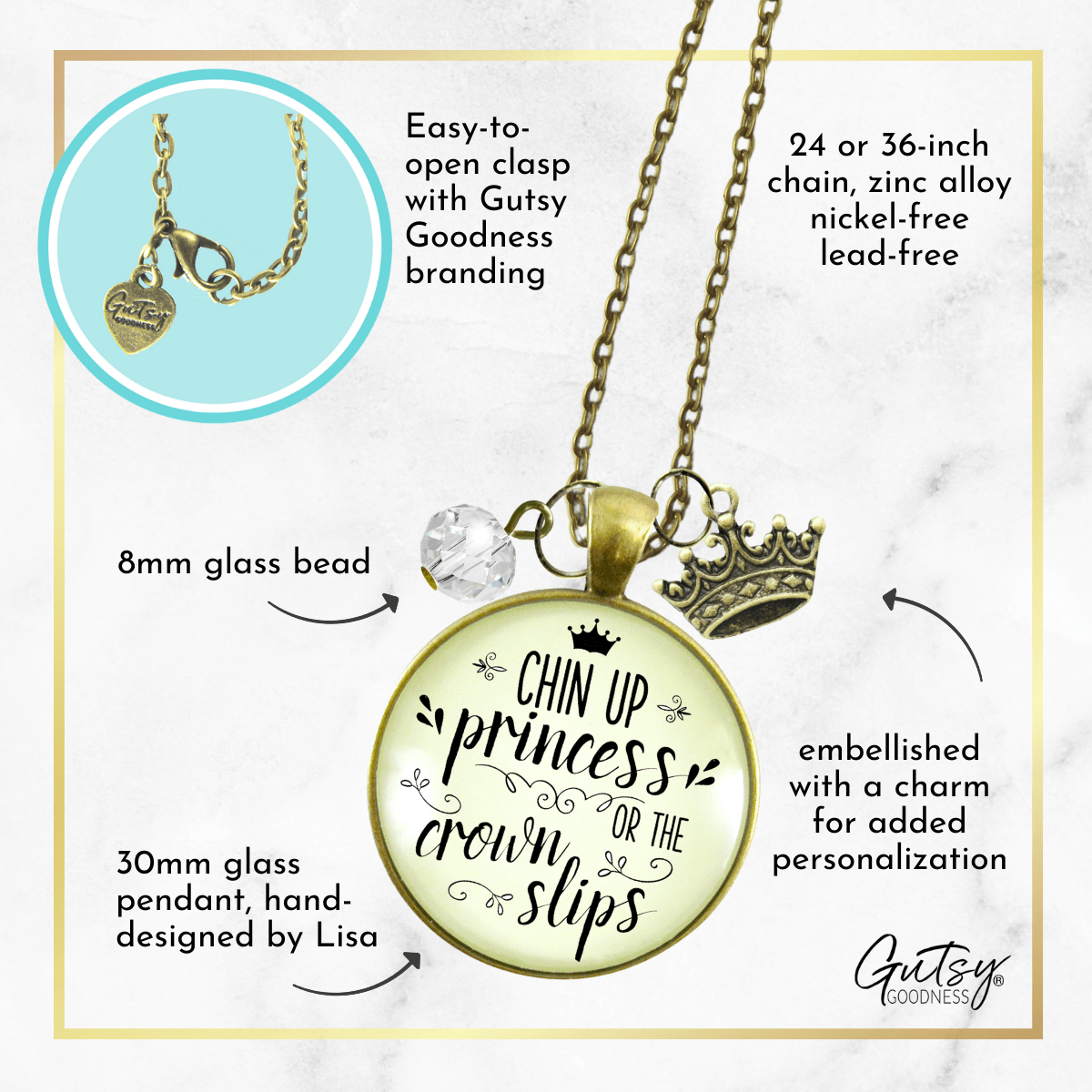 Chin Up Princess Necklace Quote Jewelry Crown Slips Inspired Life Warrior Gift - Gutsy Goodness Handmade Jewelry;Chin Up Princess Necklace Quote Jewelry Crown Slips Inspired Life Warrior Gift - Gutsy Goodness Handmade Jewelry Gifts