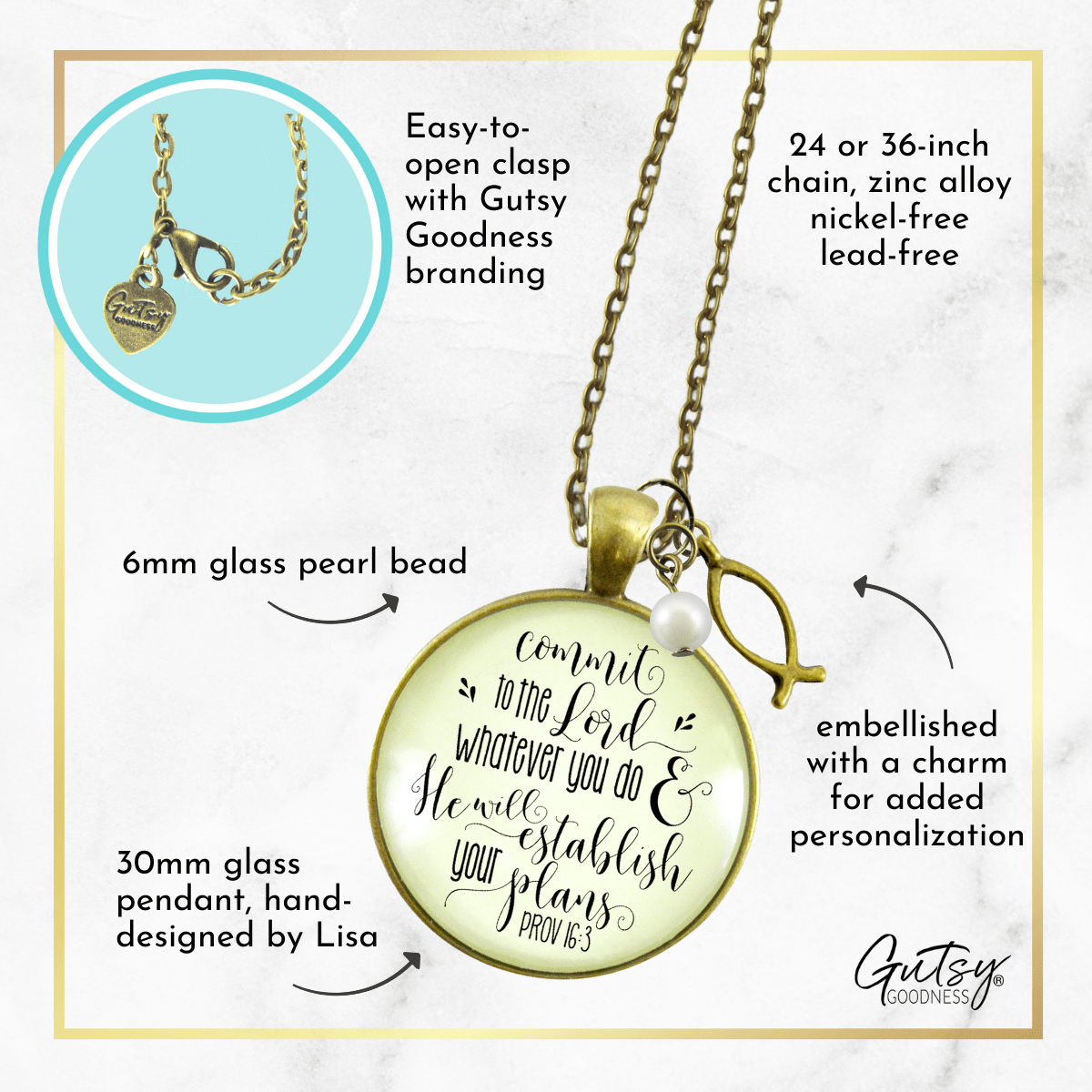 Gutsy Goodness Jesus Fish Necklace Commit to the Lord Proverbs Jewelry Ichthys Charm - Gutsy Goodness Handmade Jewelry;Jesus Fish Necklace Commit To The Lord Proverbs Jewelry Ichthys Charm - Gutsy Goodness Handmade Jewelry Gifts