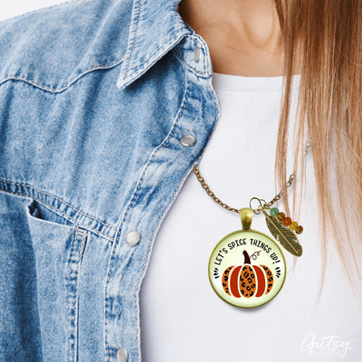 Pumpkin Leopard Necklace Spice Things Up Animal Print Quote Jewelry October Autumn Pattern Pendant  Necklace - Gutsy Goodness Handmade Jewelry