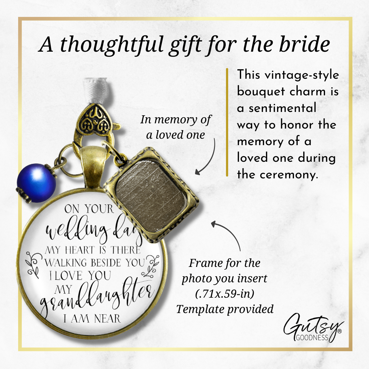 On Your Wedding Day MY Heart Is There Walking Beside You GRANDDAUGHTER - BRONZE - WHITE - BLUE BEAD