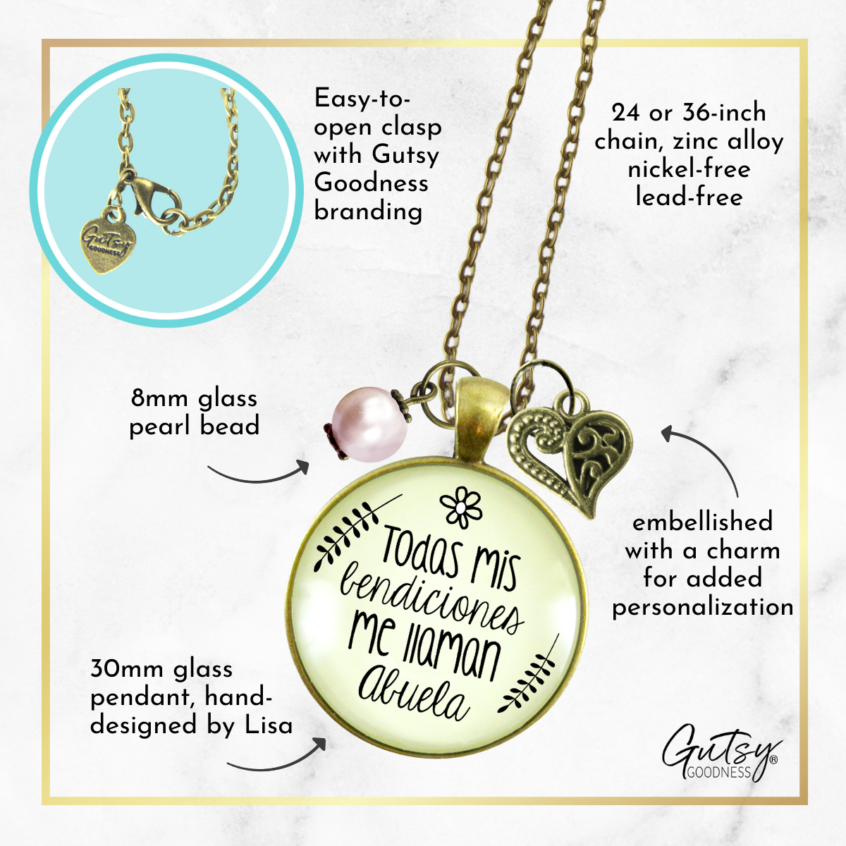 Abuela Necklace All My Blessings Spanish Grandma Womens Family Gift Jewelry  Necklace - Gutsy Goodness Handmade Jewelry
