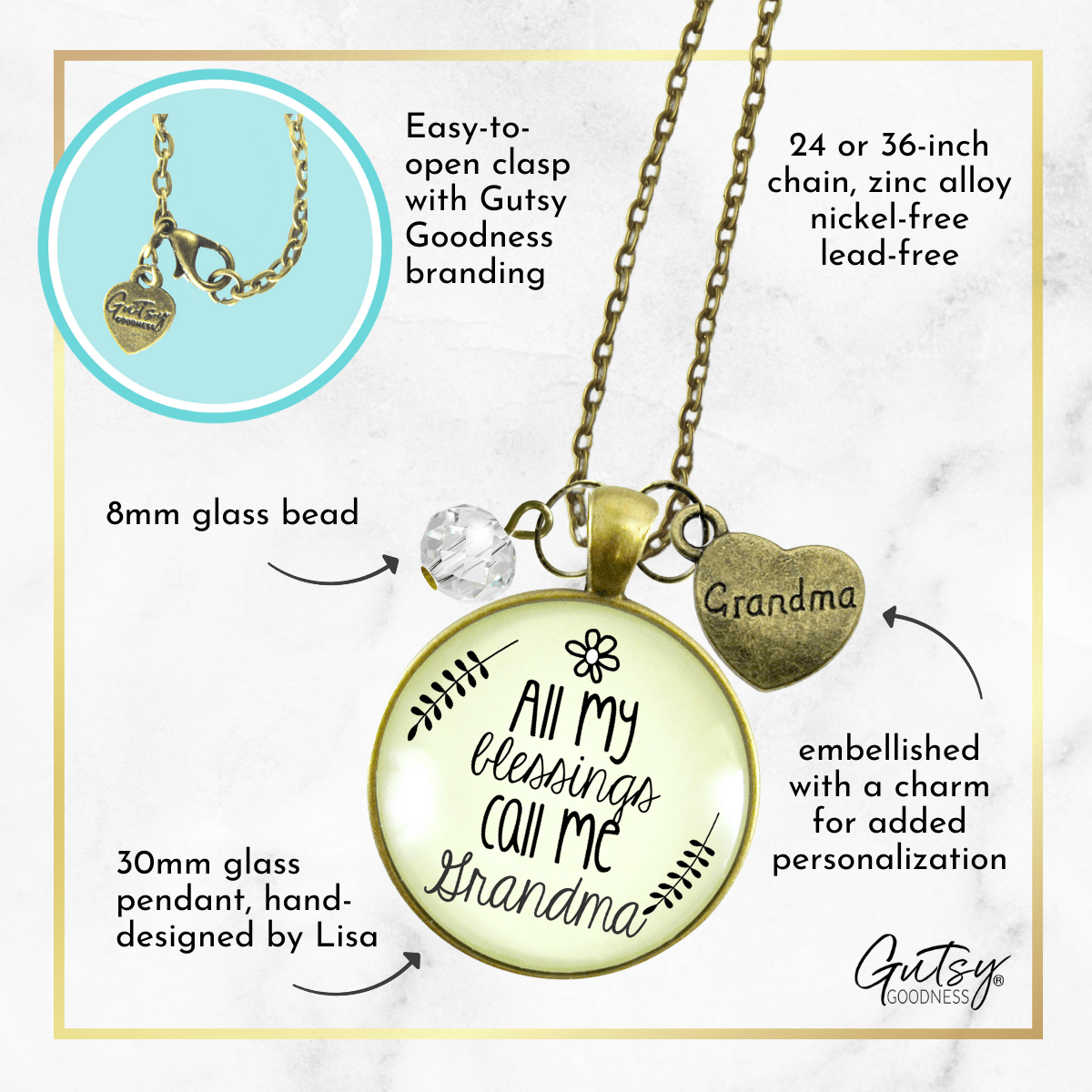 Gutsy Goodness Grandma Necklace All My Blessings Grandmother Gift Jewelry - Gutsy Goodness Handmade Jewelry;All My Blessings Call Me Grandma - Gutsy Goodness Handmade Jewelry Gifts