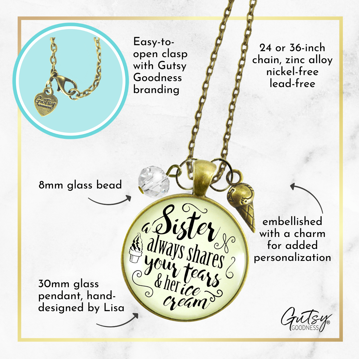 Gutsy Goodness Sister Shares Your Tears Ice Cream Necklace BFF Quote Jewelry Gift - Gutsy Goodness Handmade Jewelry;Sister Shares Your Tears Ice Cream Necklace Bff Quote Jewelry Gift - Gutsy Goodness Handmade Jewelry Gifts