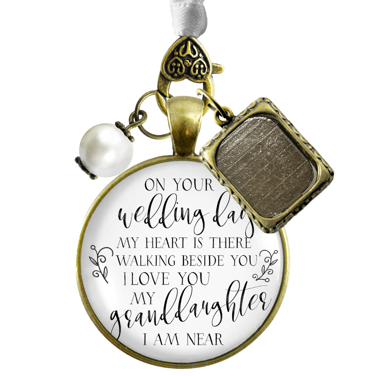 On Your Wedding Day MY Heart Is There Walking Beside You GRANDDAUGHTER - BRONZE - WHITE - WHITE BEAD