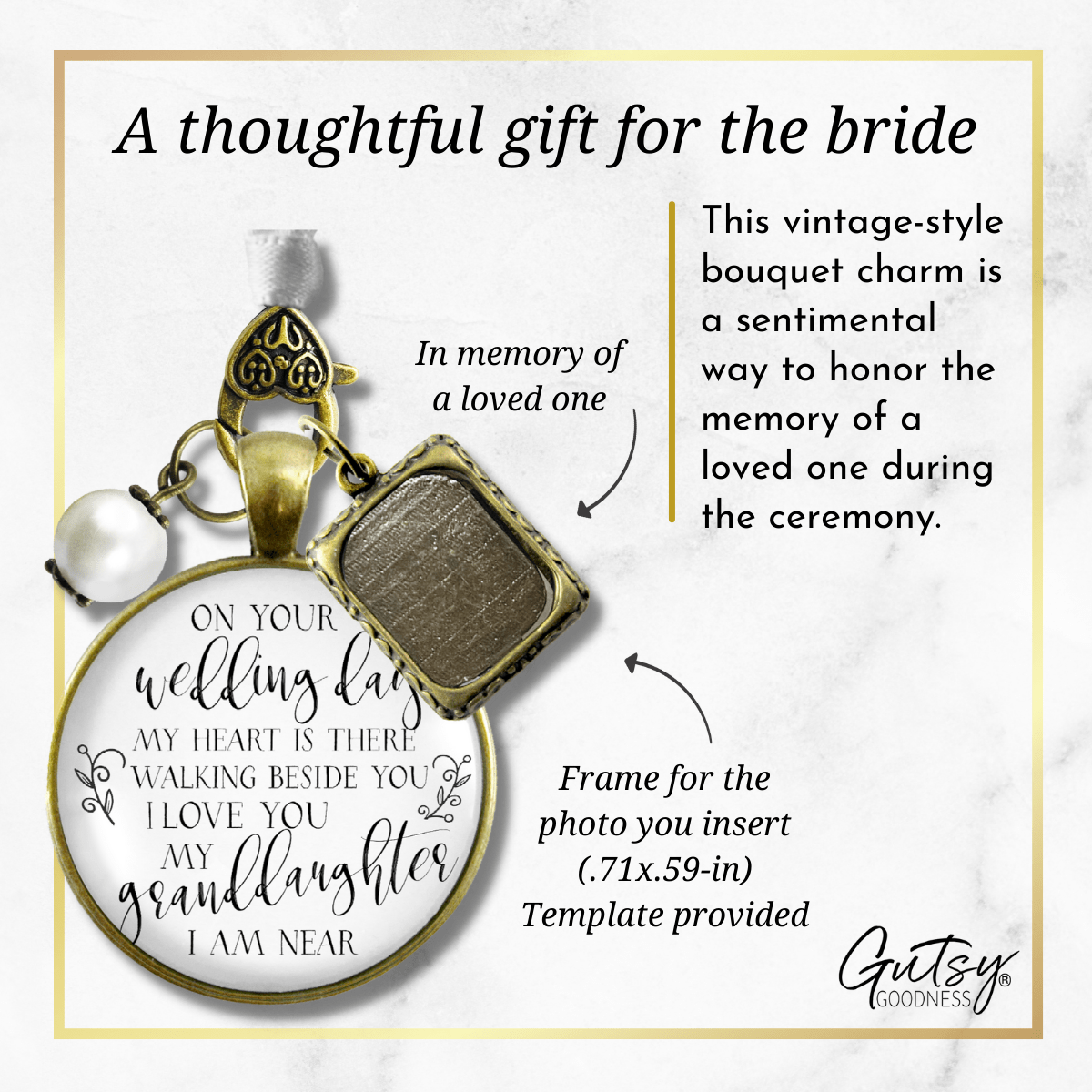 On Your Wedding Day MY Heart Is There Walking Beside You GRANDDAUGHTER - BRONZE - WHITE - WHITE BEAD