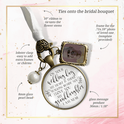 On Your Wedding Day MY Heart Is There Walking Beside You GRANDDAUGHTER - BRONZE - WHITE - WHITE BEAD