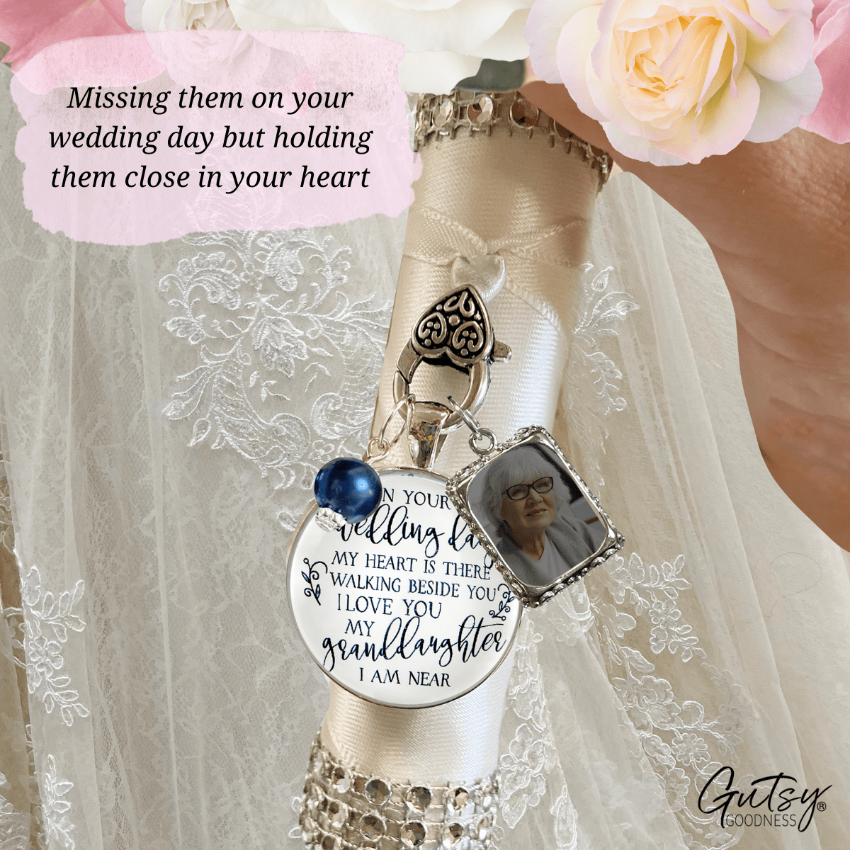 On Your Wedding Day MY Heart Is There Walking Beside You Granddaughter - Memorial Bouquet Charm, Silver, White Glass, Blue Pearl  Bouquet Charm - Gutsy Goodness Handmade Jewelry