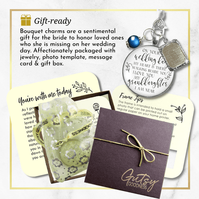 On Your Wedding Day MY Heart Is There Walking Beside You Granddaughter - Memorial Bouquet Charm, Silver, White Glass, Blue Pearl  Bouquet Charm - Gutsy Goodness Handmade Jewelry