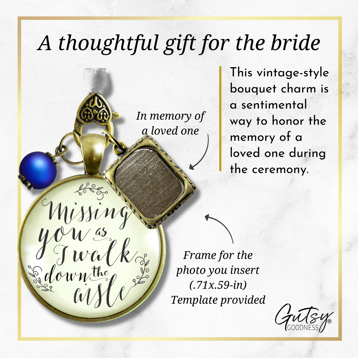 Missing You As I Walk Down The Aisle Wedding Bouquet Memory Memorial Blue Bead Frame - Gutsy Goodness Handmade Jewelry Gifts