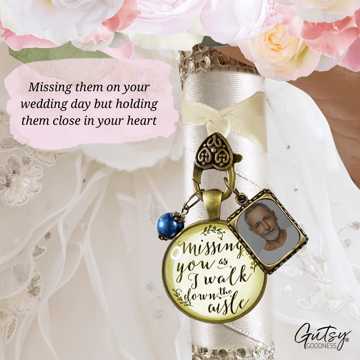 Missing You As I Walk Down The Aisle Wedding Bouquet Memory Memorial Blue Bead Frame - Gutsy Goodness Handmade Jewelry Gifts